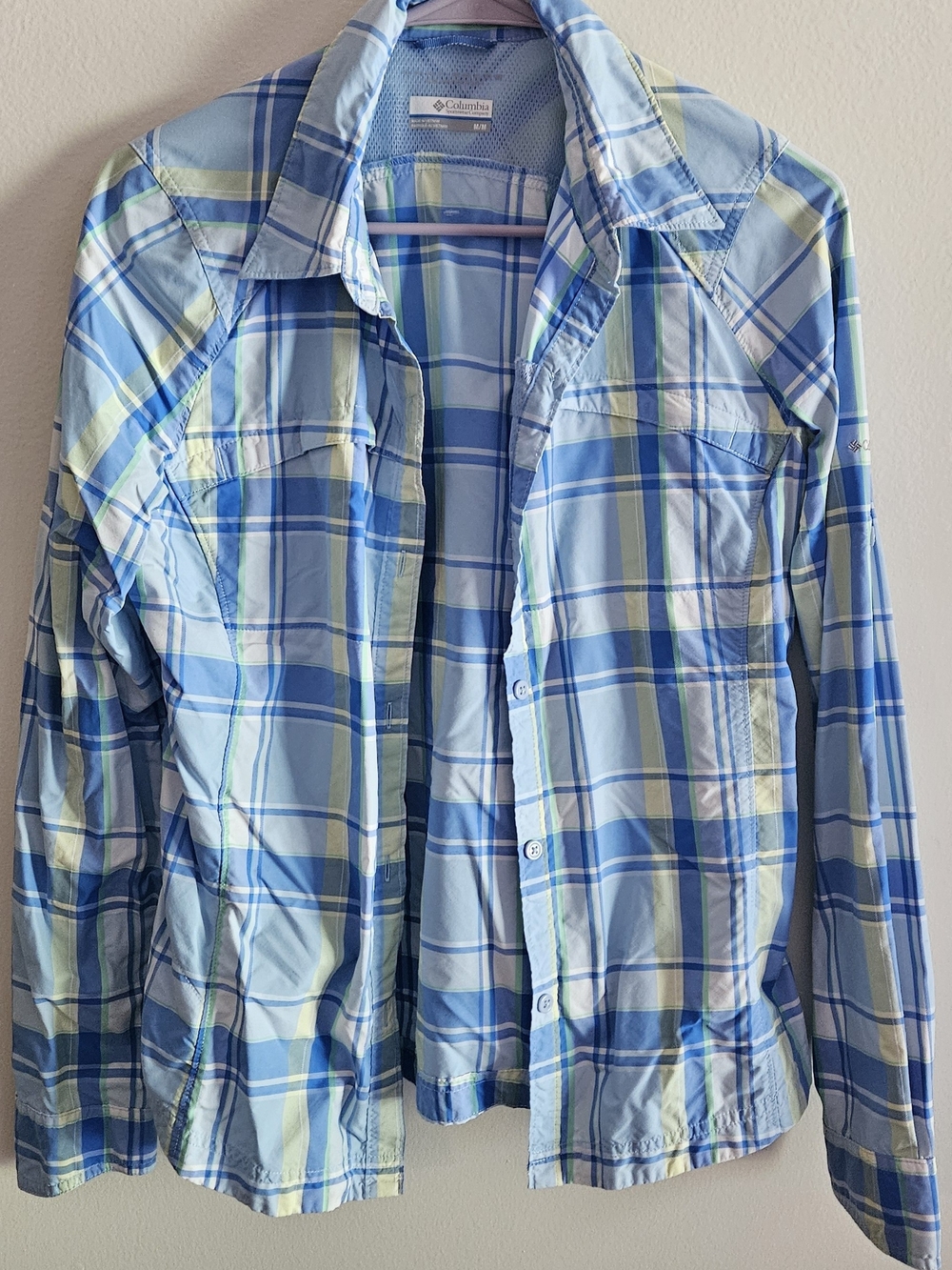 Columbia Blue, Green and Yellow Plaid Button-Up Shirt